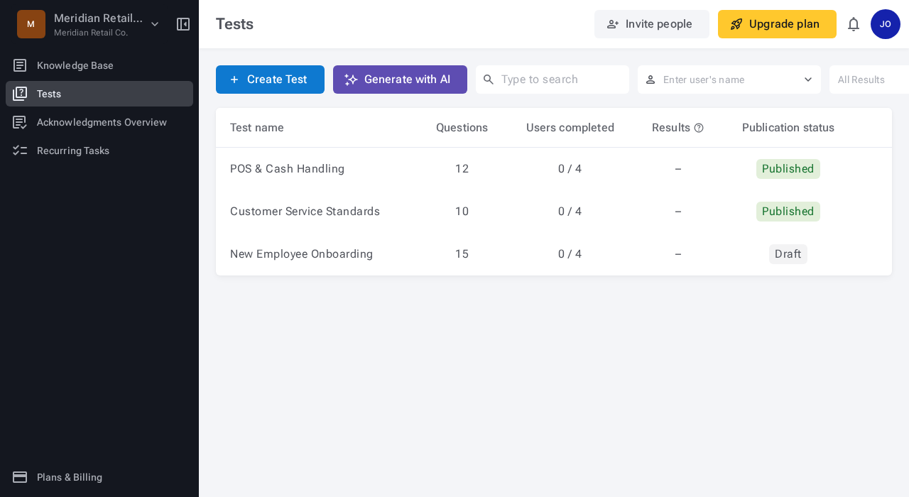 Tests section showing a list of tests including POS & Cash Handling, Customer Service Standards, and New Employee Onboarding with question counts and publication status badges