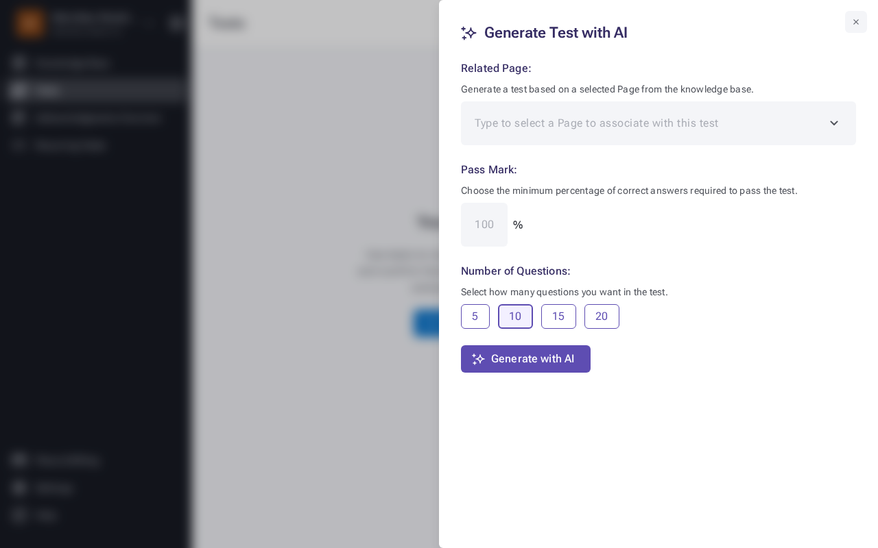Generate Test with AI modal showing Related Page selector, Pass Mark field, and Number of Questions options
