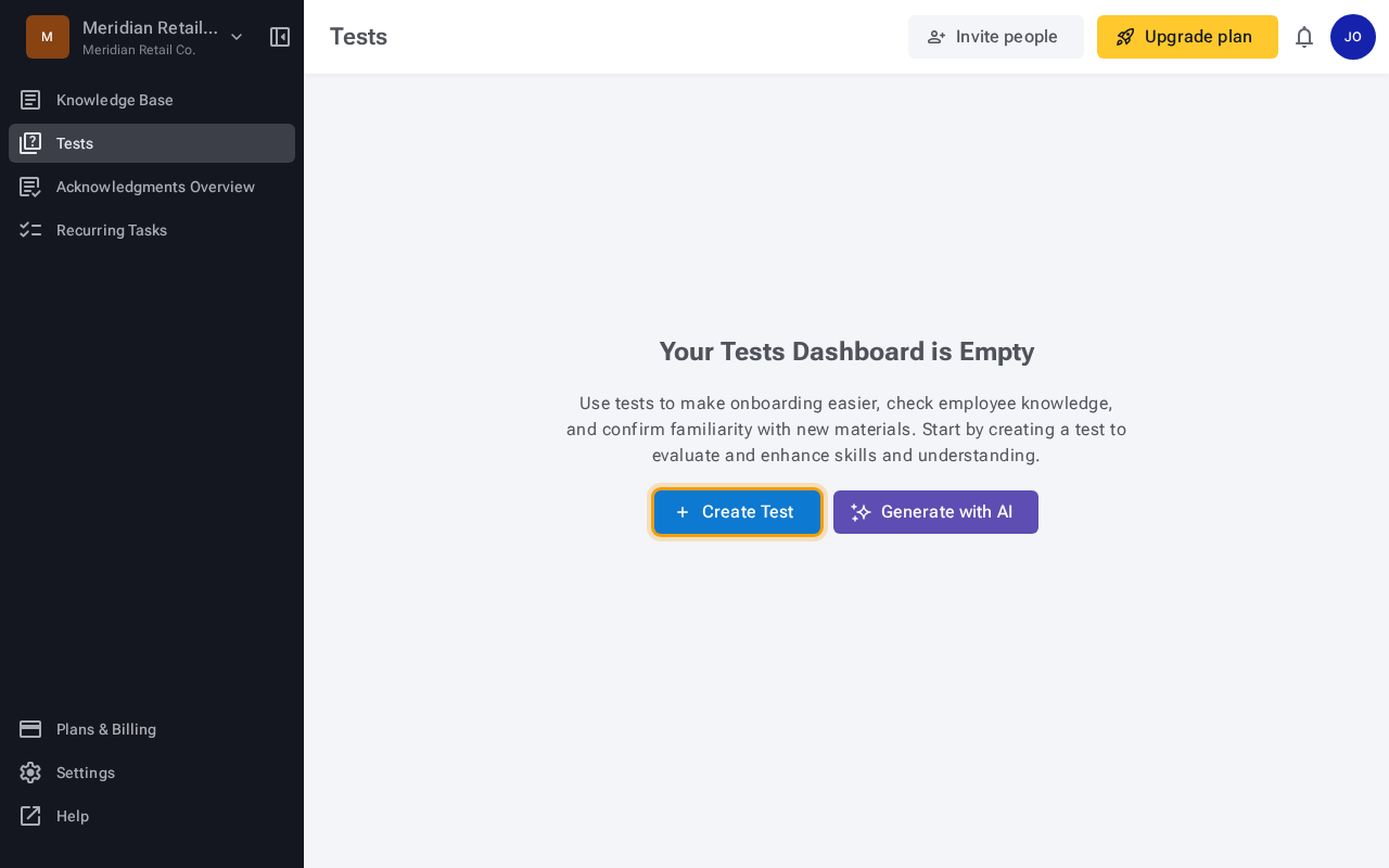 Tests section showing the Create Test and Generate with AI buttons, with Create Test highlighted