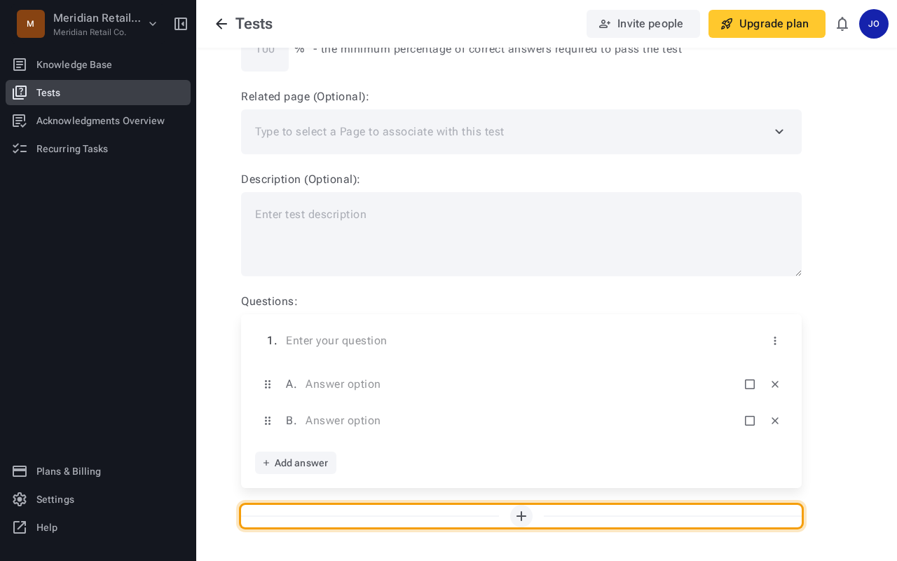Test edit view showing the Questions section with a question, answer options, and the Add question button highlighted