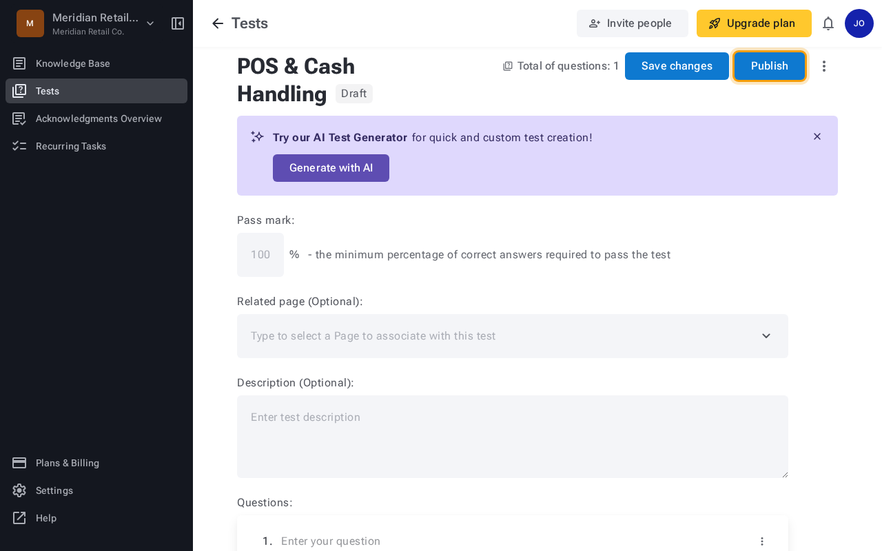 Test edit view for POS & Cash Handling showing the Publish button highlighted in the header