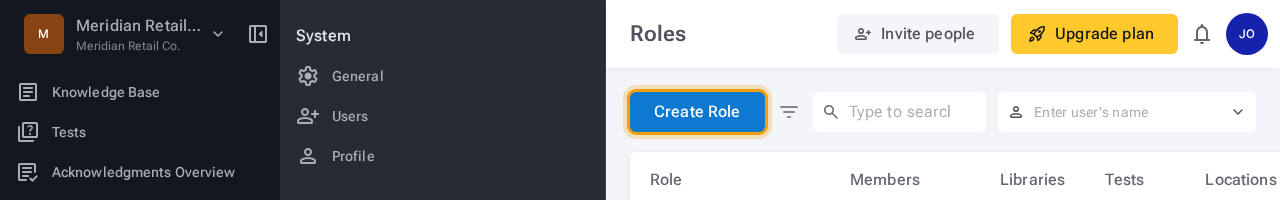 Workspace Roles screen with the Create Role button highlighted