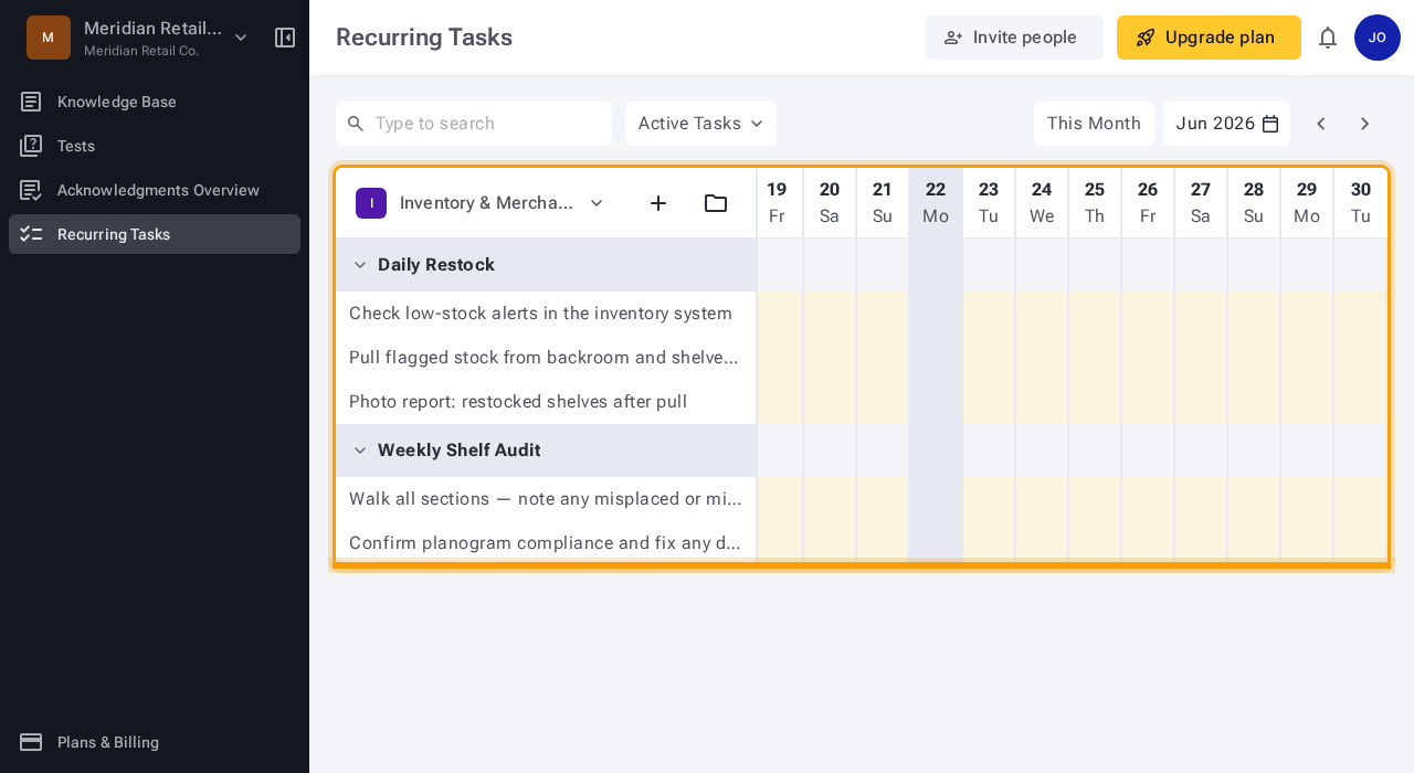 Task Lists calendar view showing a week with scheduled task entries for Meridian Retail Co.