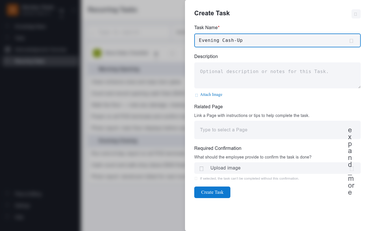 Task creation form showing task name, frequency, and optional assignee fields