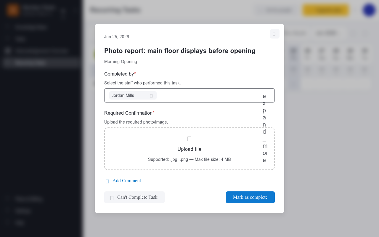 Complete-task form showing the Required Confirmation section with upload area and attached photo thumbnail