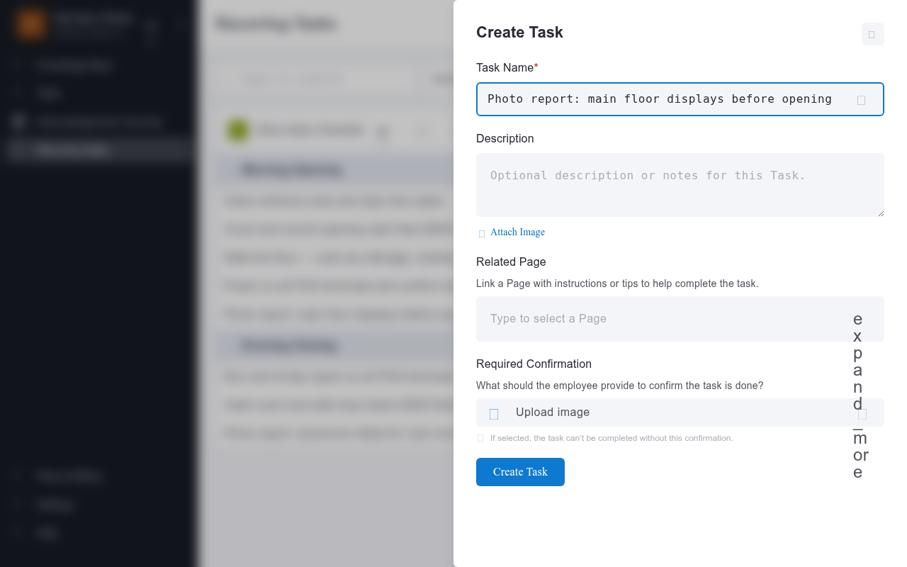 Task creation form with the "Upload image" toggle switched on in the Required Confirmation section